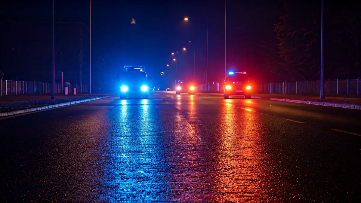 Imaxe xenérica de luces de emerxencia reflectidas no asfalto mollado.
