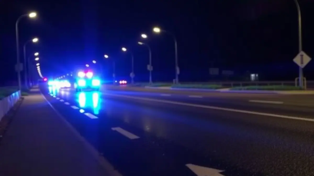 Imagen genérica de luces de emergencia reflejándose sobre asfalto mojado por la noche.