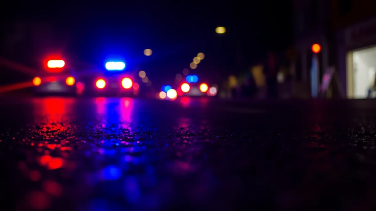 Imagen genérica de luces de emergencia reflejadas sobre asfalto mojado por la noche.