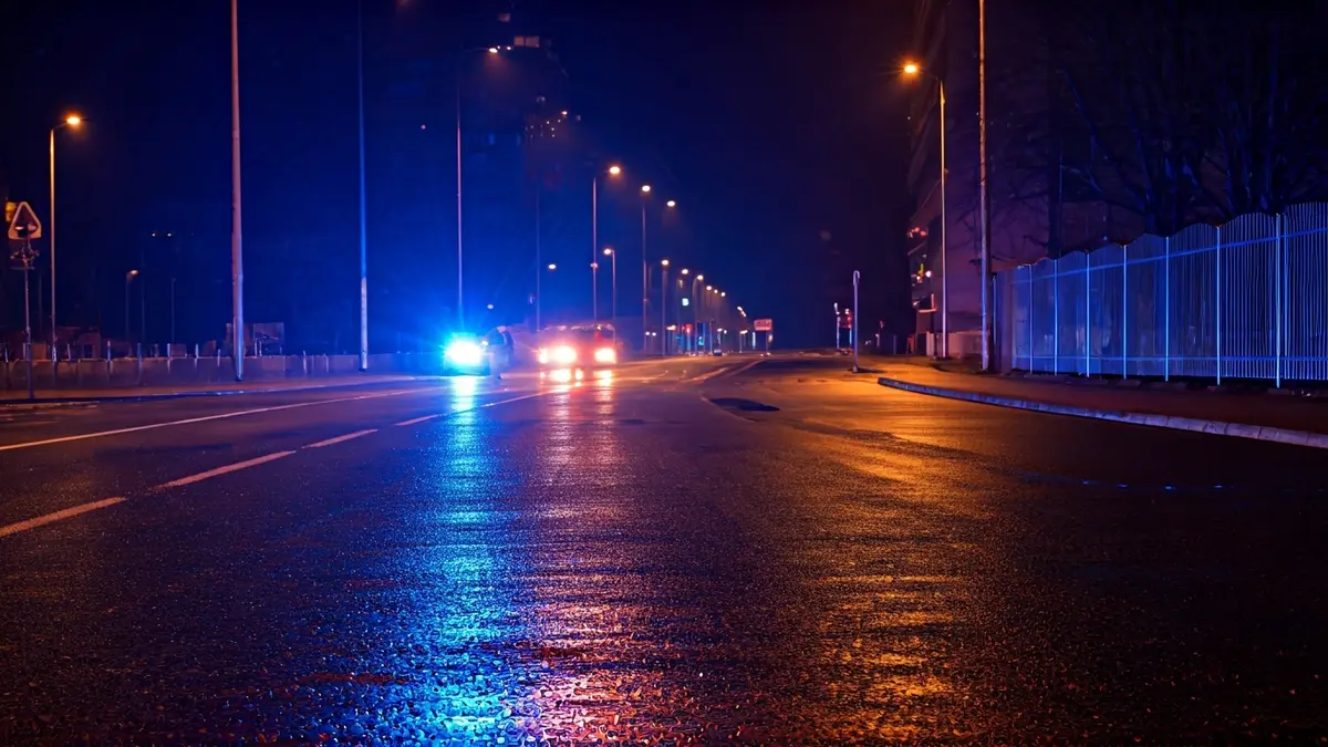 Imaxe xenérica de luces de emerxencia reflectidas no asfalto mollado.