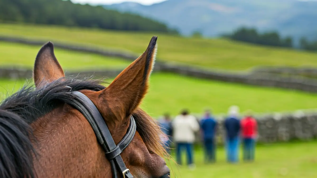 Imagen de un caballo con chip de identificación, en un contexto rural gallego.