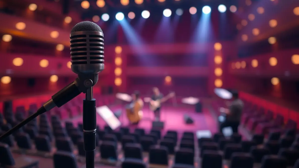 Imaxe xenérica dun micrófono nun escenario baleiro, representando un concerto.
