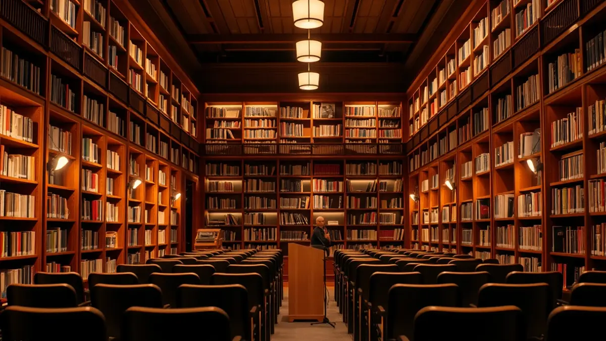 Imaxe xenérica dunha sala de presentacións ou biblioteca, con micrófono e cadeiras baleiras.