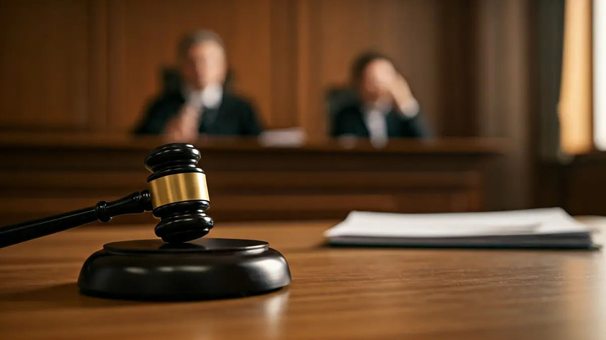 Imaxe xenérica dun mazo de xuíz sobre unha mesa de madeira nun xulgado.