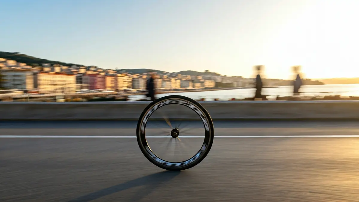 Imaxe xenérica dunha roda de bicicleta de estrada en movemento.