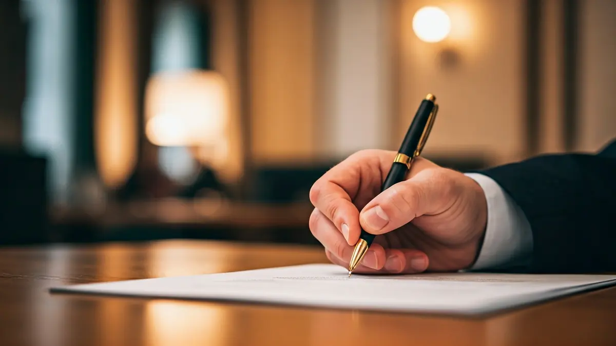Imaxe xenérica dunha man asinando un documento, simbolizando logros e liderado.