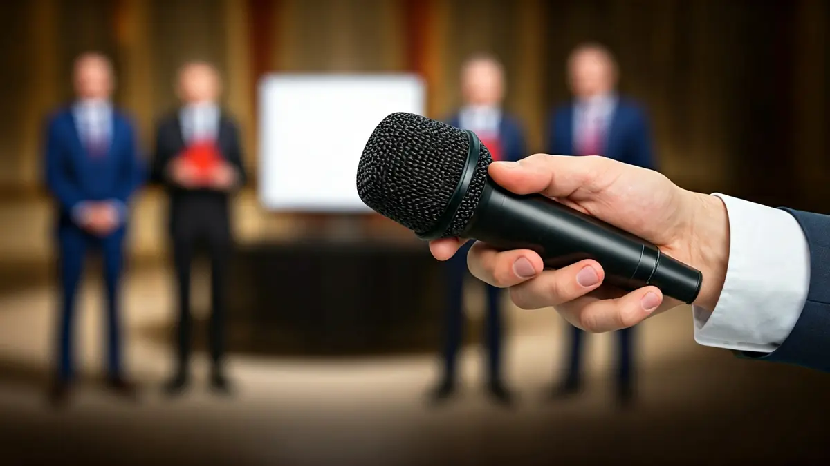 Imagen genérica de una mano de periodista sosteniendo un micrófono en un evento formal.