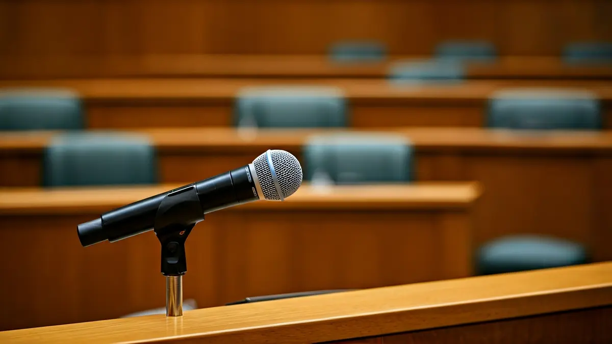 Imaxe xenérica dun micrófono nun atril nunha sala de parlamento, simbolizando un debate político.
