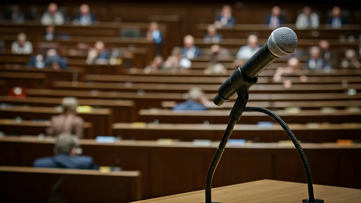 Imaxe xenérica dun micrófono nun podio nunha cámara parlamentaria.