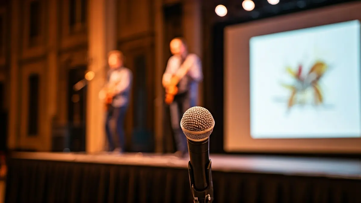 Imaxe dun escenario cun micrófono, un debuxante e un músico, representando un espectáculo cultural.