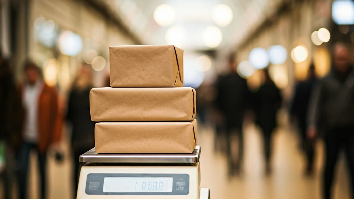 Imaxe xenérica de paquetes sobre unha báscula nun centro comercial.