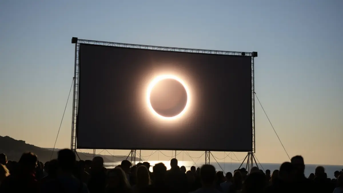Imaxe dunha pantalla xigante mostrando un eclipse solar, con xente observando na costa galega.