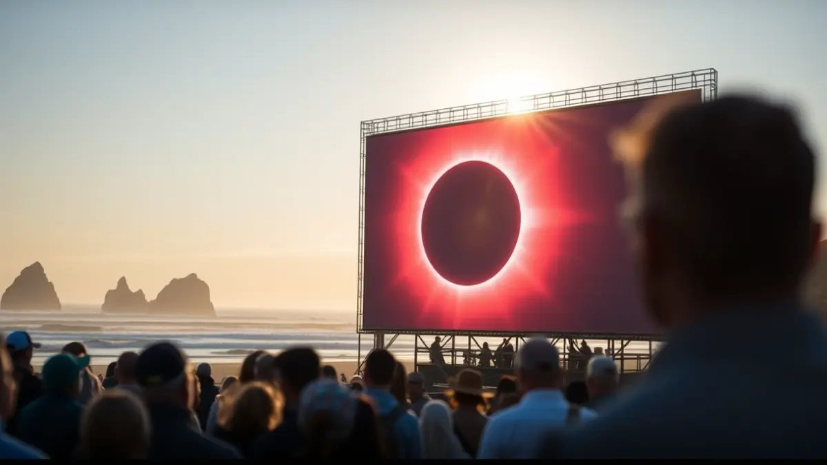 Imaxe dunha pantalla xigante retransmitindo un eclipse solar nunha praia.