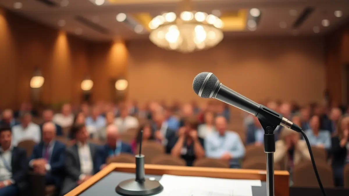 Imaxe xenérica dun micrófono nun podio nunha sala de conferencias.