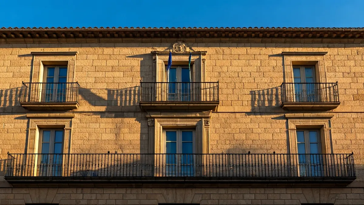 Imagen de la fachada de un ayuntamiento de piedra con balcón y barandillas de hierro
