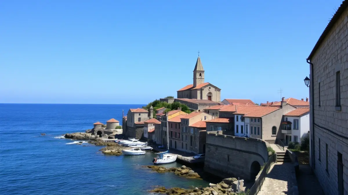 Imagen de un pueblo costero gallego con edificios de piedra y una iglesia histórica.