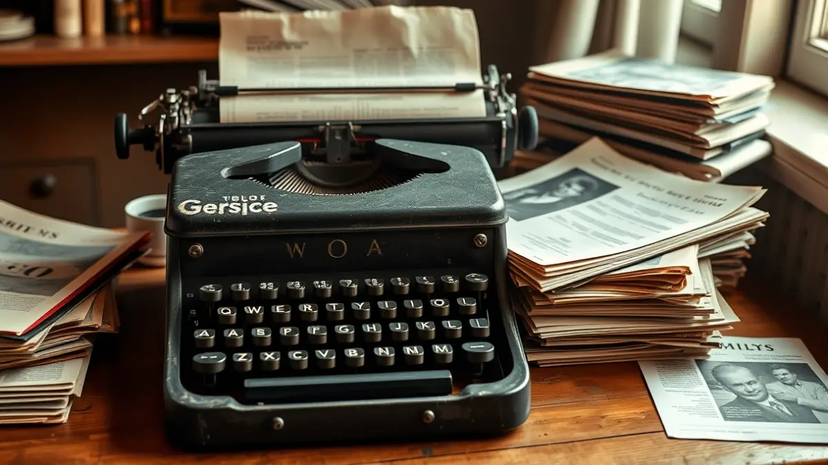 Imaxe dunha máquina de escribir antiga con revistas e papeis vellos sobre unha mesa de madeira.