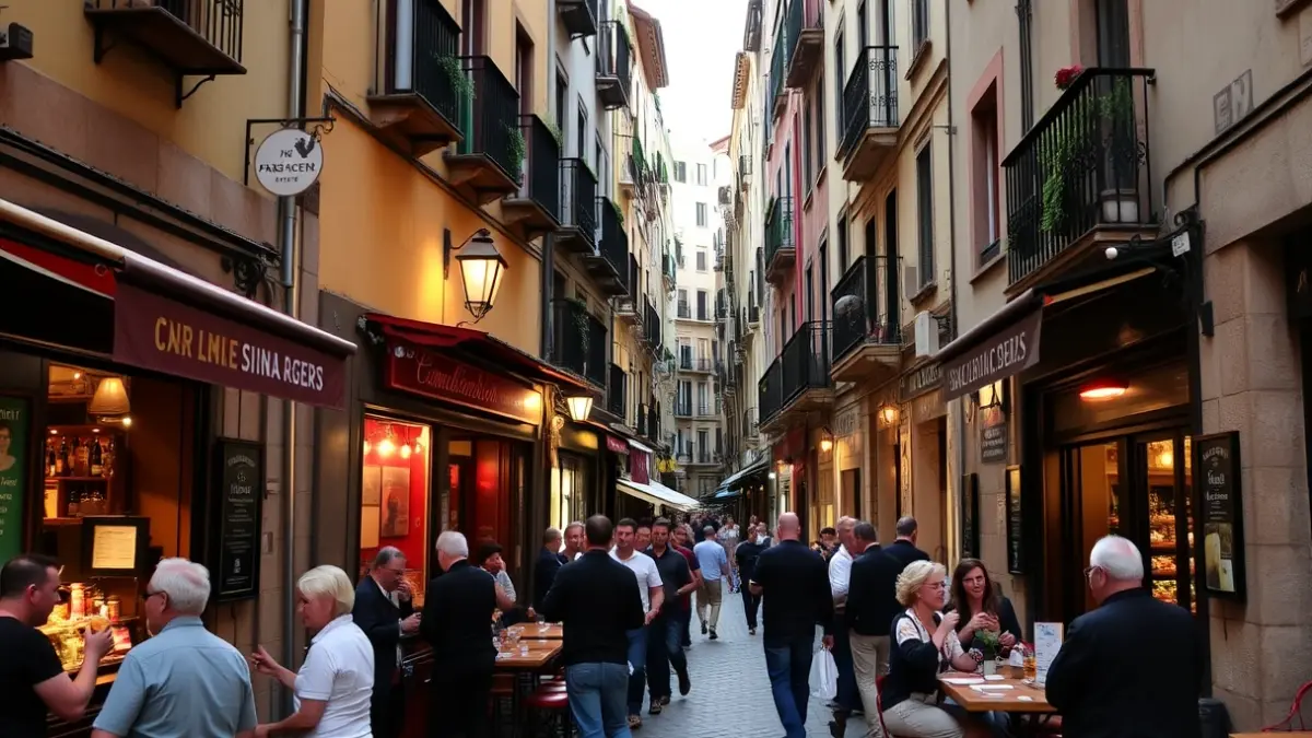 Imaxe xenérica dunha rúa animada nunha cidade histórica española, chea de bares e xente.
