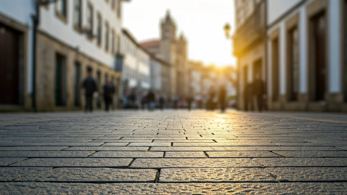 Imagen genérica de una calle empedrada en una ciudad gallega al amanecer, con un sutil efecto de temblor.