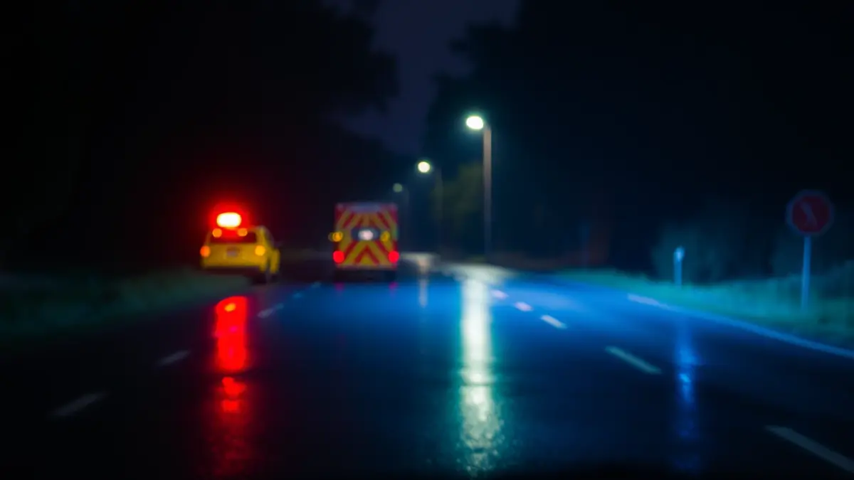 Imaxe xenérica de luces de emerxencia nunha estrada rural pola noite.