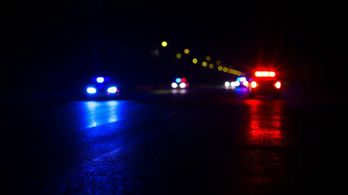 Imaxe xenérica de luces de emerxencia reflectíndose sobre asfalto mollado pola noite.
