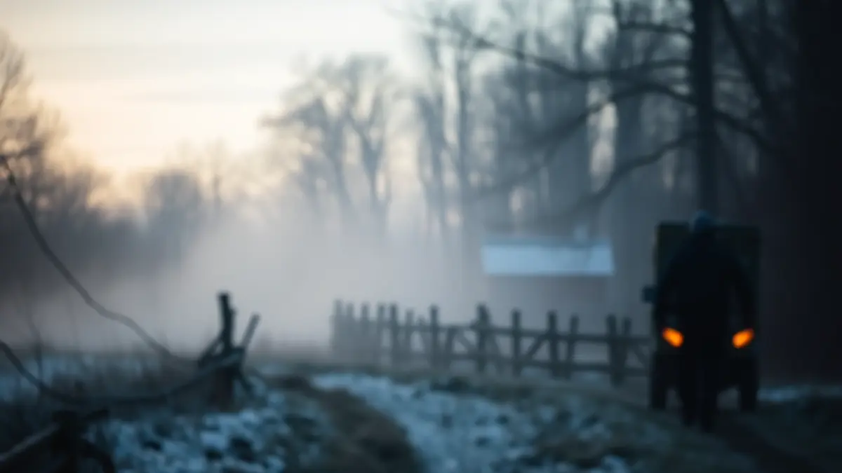 Imagen de una zona rural con niebla al amanecer, sugiriendo una búsqueda en condiciones de frío.