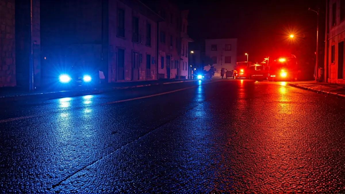 Imaxe xenérica de luces de emerxencia reflectidas no asfalto mollado pola noite.