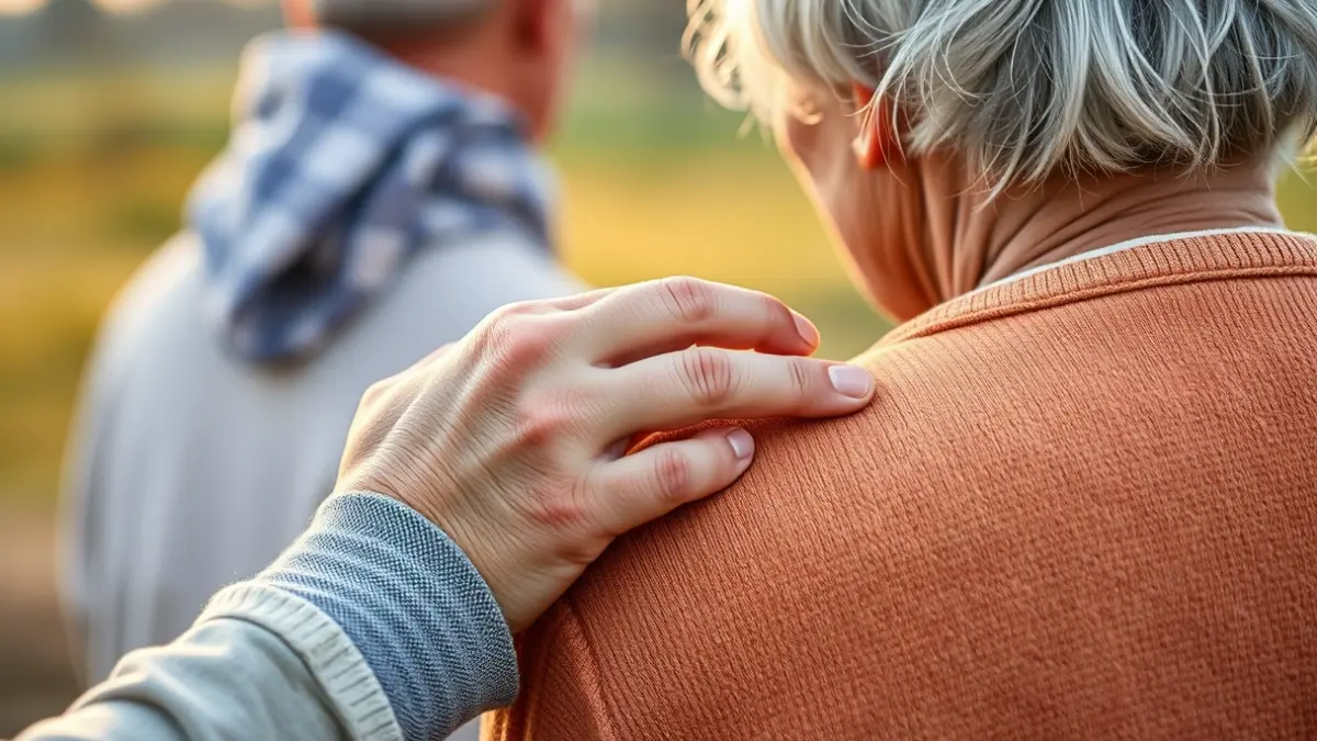 Imaxe dun voluntario axudando a unha persoa maior nunha zona rural.
