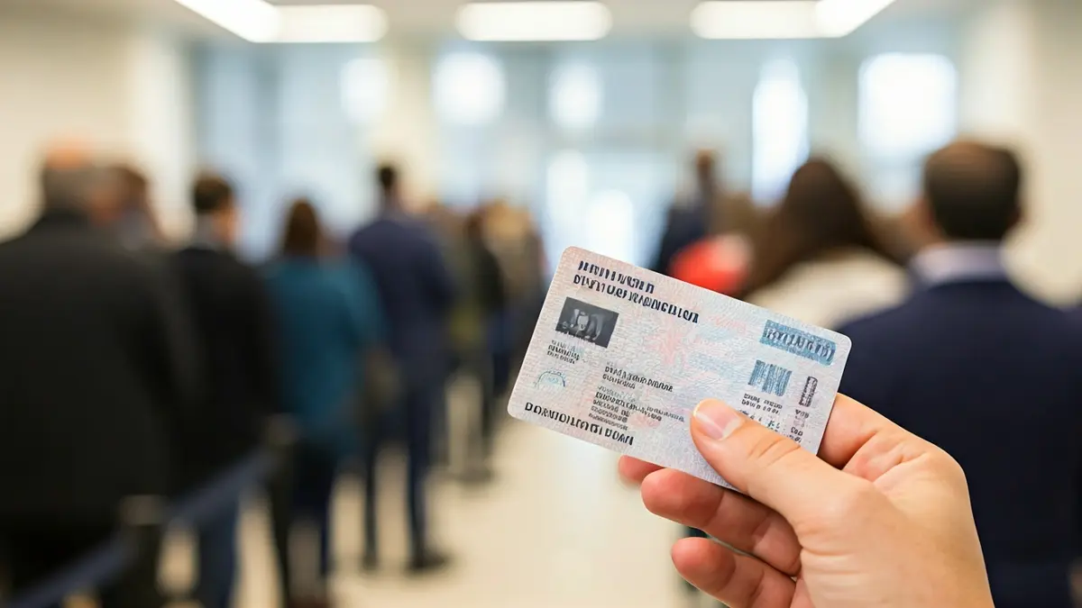 Imagen de una mano sosteniendo un DNI con gente esperando al fondo.