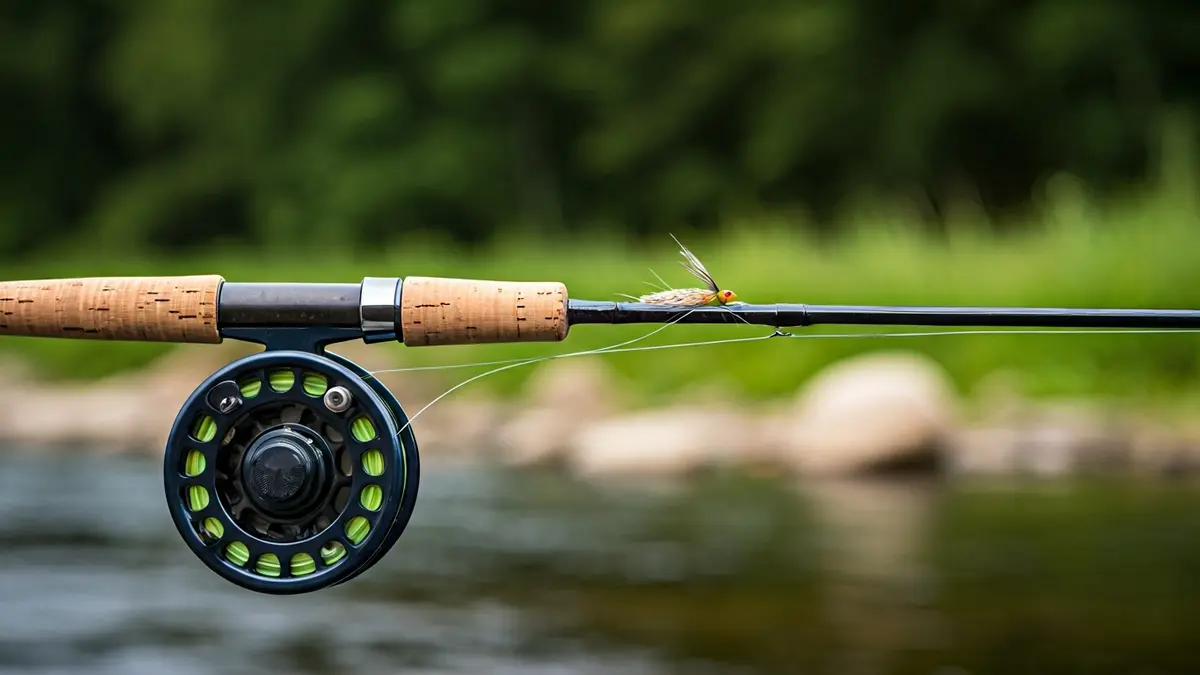 Imaxe xenérica dunha cana de pescar con mosca nun río.