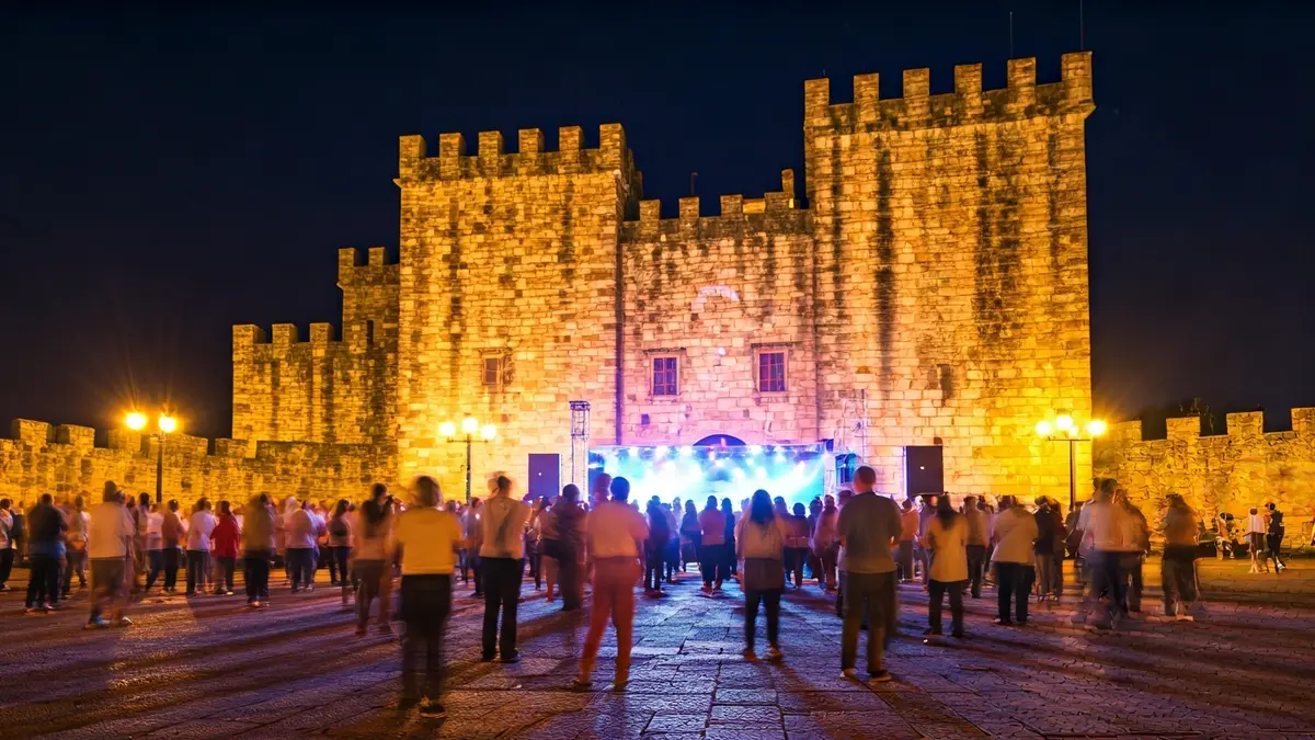 Imagen del Castillo de Vimianzo durante un festival musical nocturno.