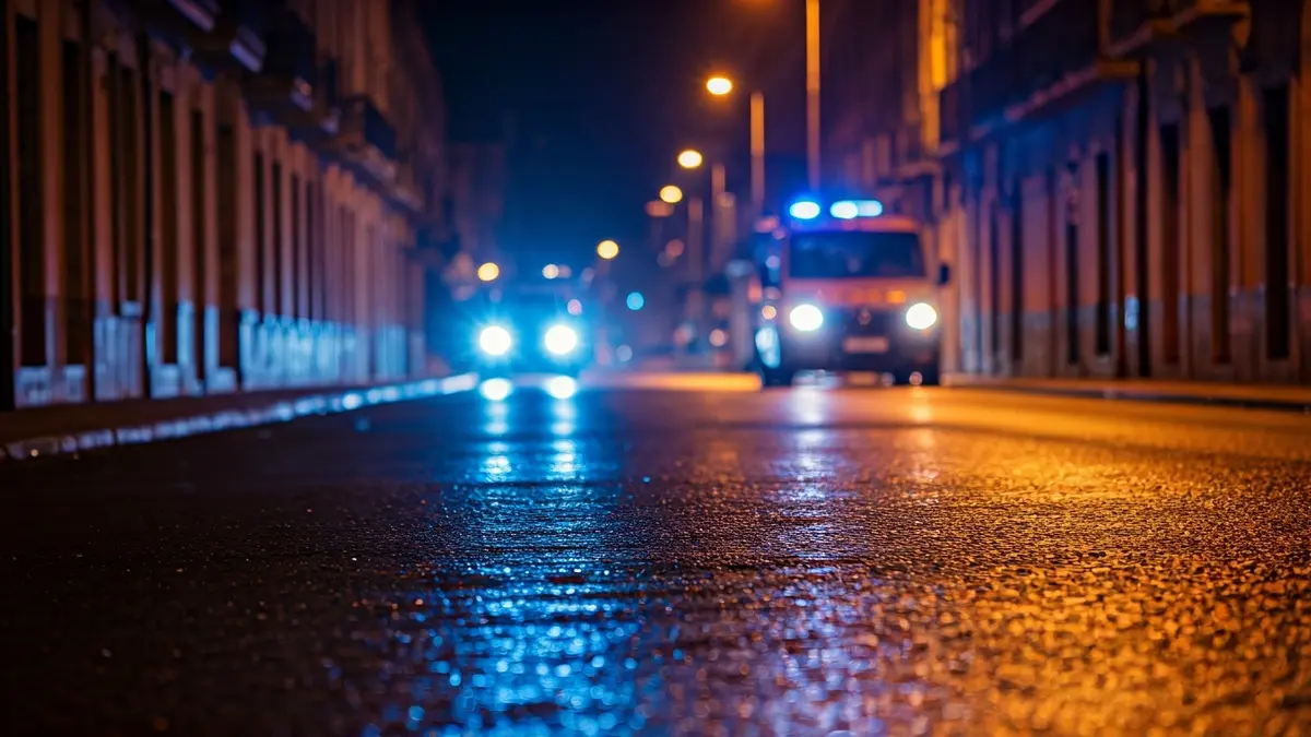 Imaxe xenérica de luces de emerxencia reflectíndose sobre asfalto mollado.