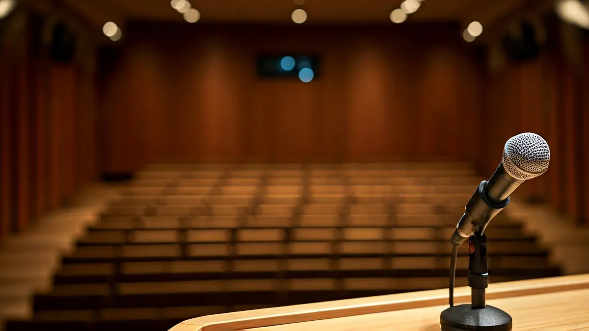 Imaxe xenérica dun auditorio universitario baleiro cun micrófono no podio.