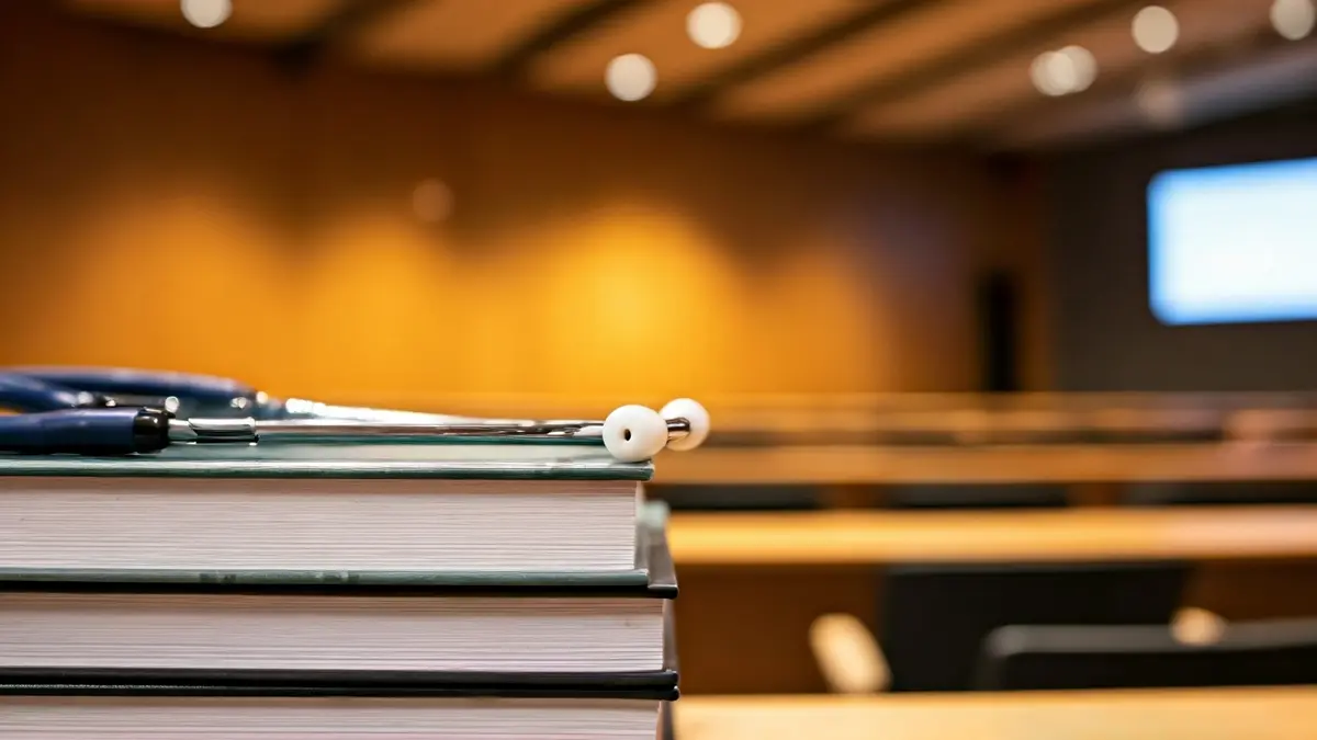 Imagen genérica de material de enfermería y libros en un ambiente universitario.