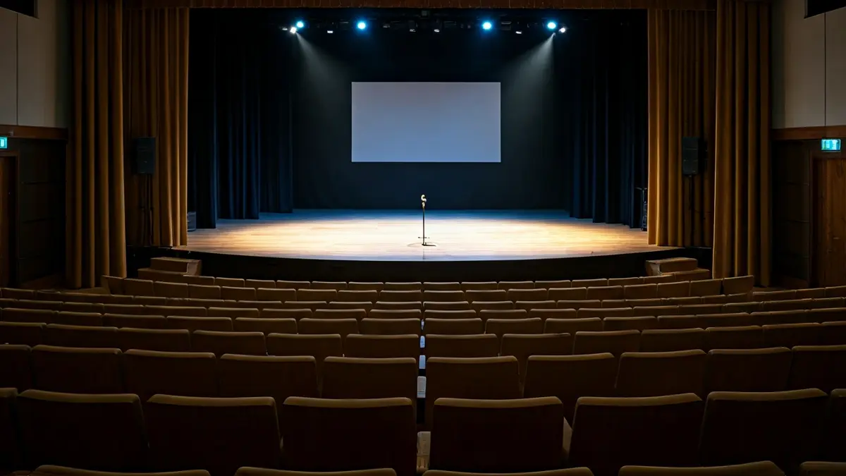 Imaxe xenérica dun escenario de auditorio baleiro con micrófono.