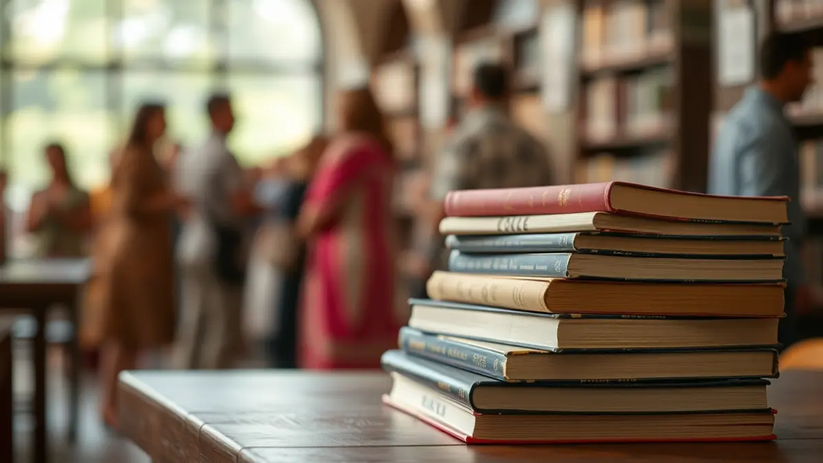 Imagen genérica de libros en una mesa, con personas difuminadas al fondo.