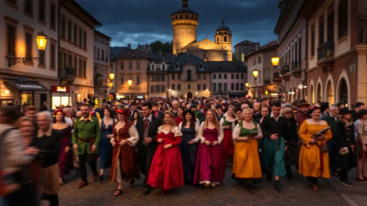 Imaxe dun desfile de recreación histórica en Lugo, con persoas vestidas con traxes de época.
