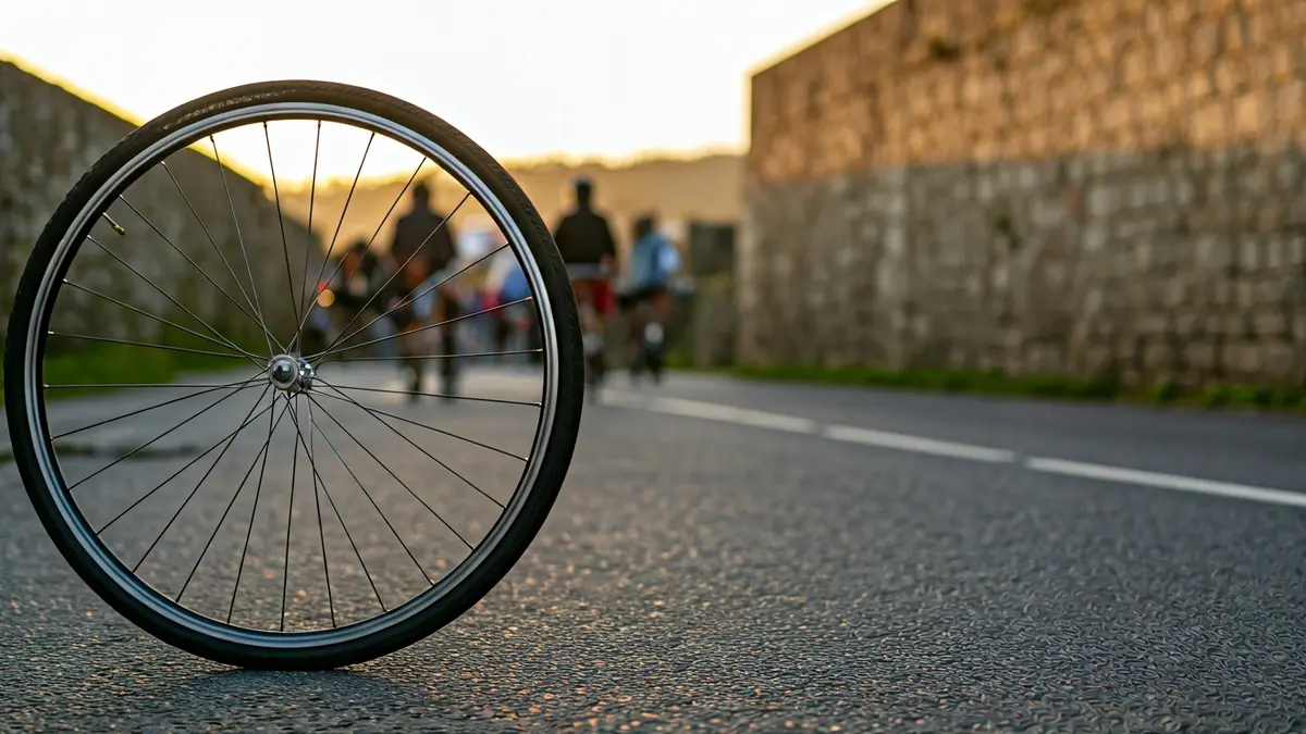 Imaxe dunha roda de bicicleta sobre asfalto, coa muralla de Lugo de fondo.