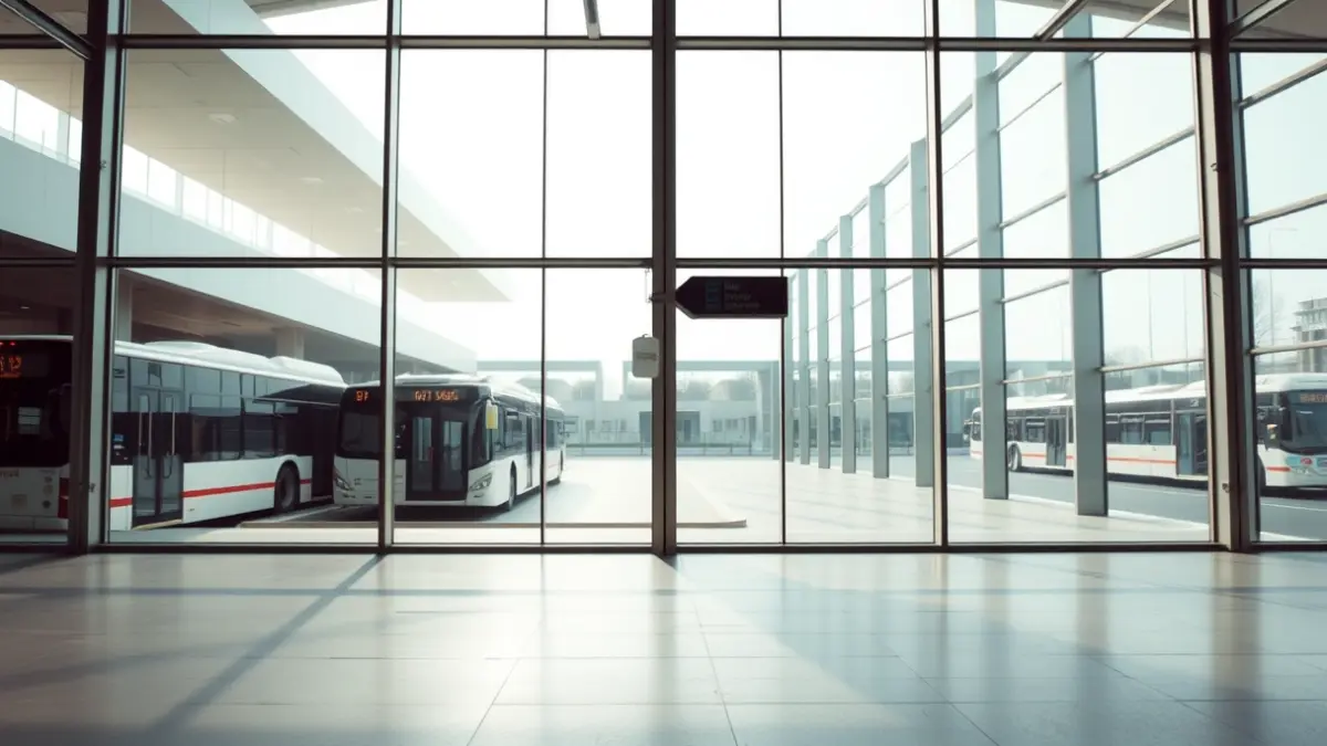 Imaxe xenérica dunha estación de autobuses moderna e baleira.