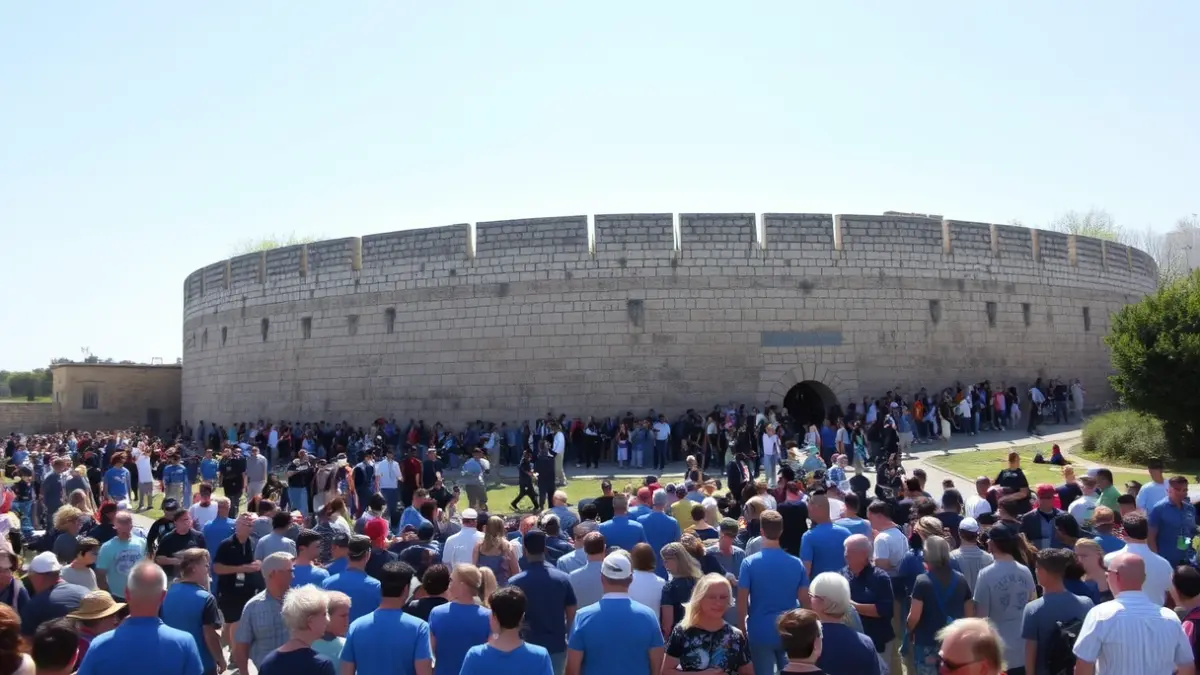 Imaxe dunha multitude de persoas camiñando arredor dunha muralla antiga, moitas delas vestidas de azul.