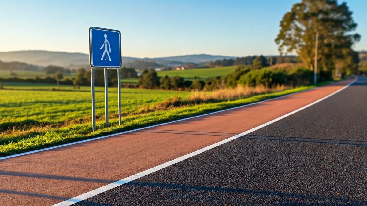 Imaxe dun tramo renovado do Camiño Primitivo en Lugo, con senda peonil e sinalización.