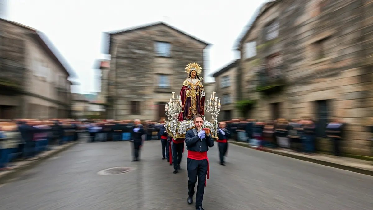 Imaxe dunha procesión relixiosa tradicional nunha vila galega.