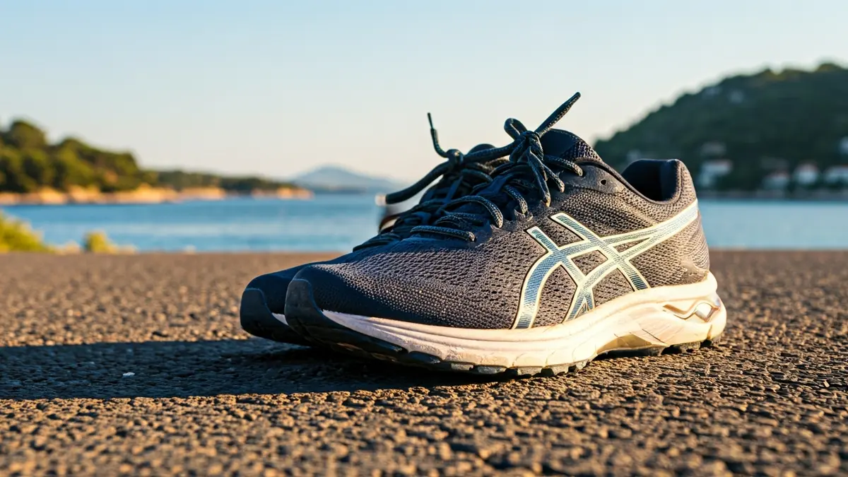 Imaxe xenérica de zapatillas de correr nunha estrada costeira