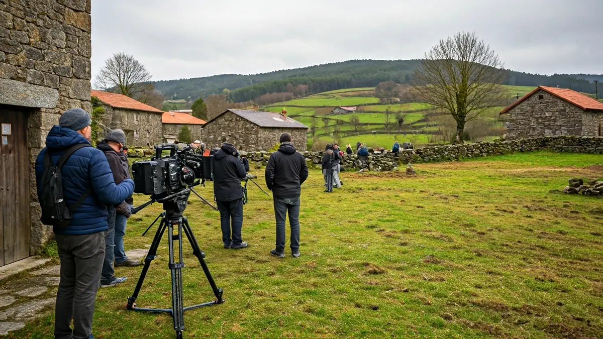 Equipo de rodaxe nunha paisaxe rural galega