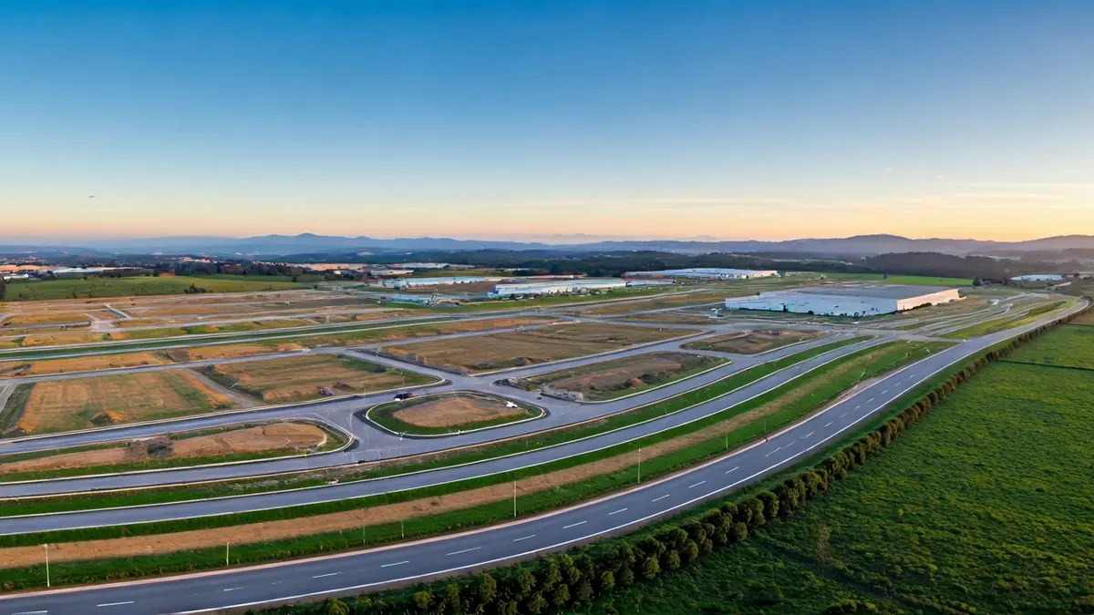 Imaxe aérea dun parque empresarial en construción en Palas de Rei.