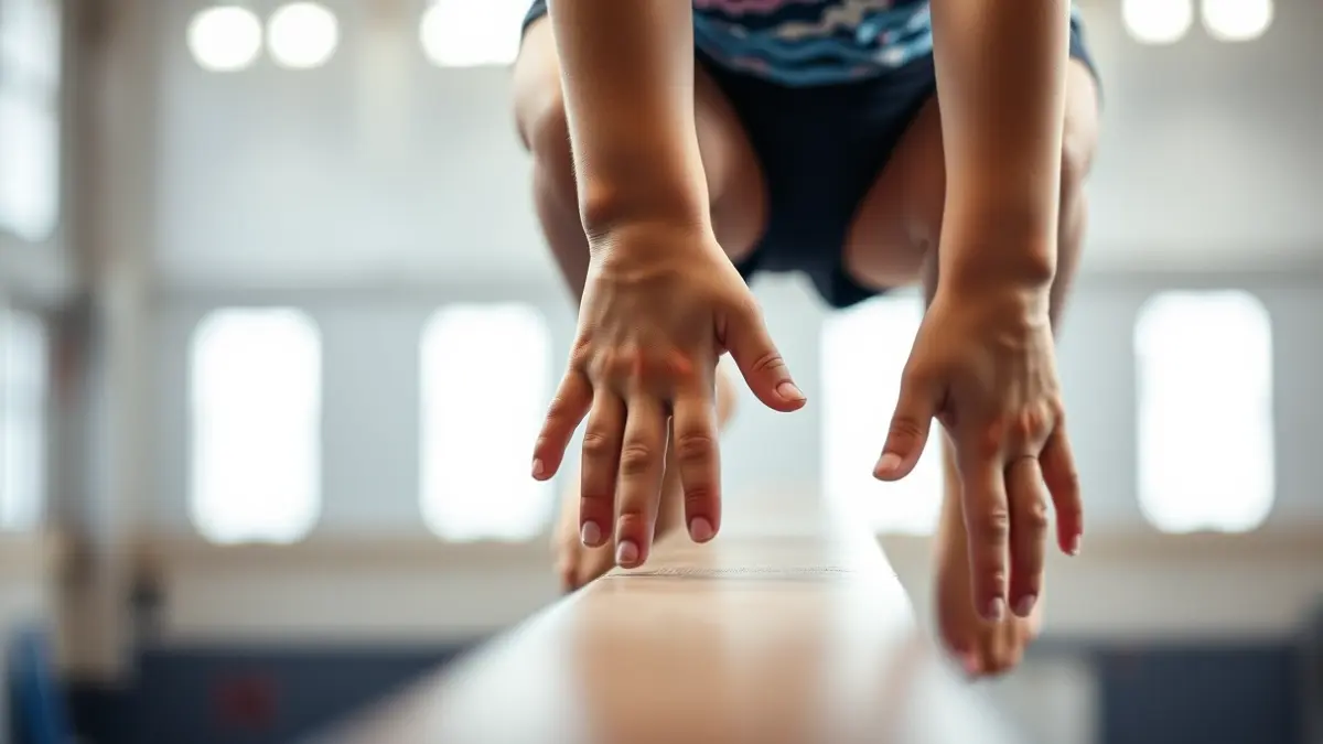 Imaxe xenérica de mans dunha ximnasta sobre unha barra de equilibrio.