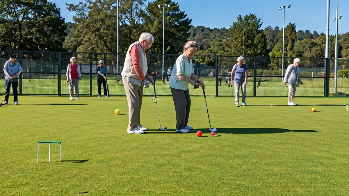 Imaxe xenérica de persoas maiores practicando deportes ao aire libre nun club deportivo.