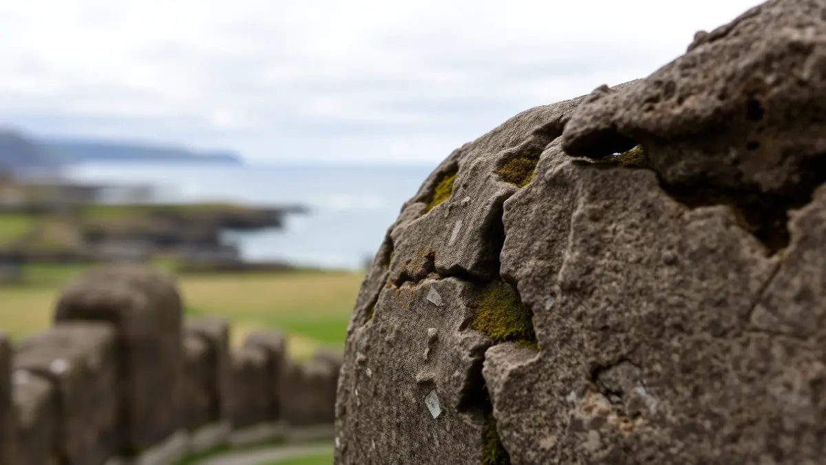 Imagen de un muro de piedra en mal estado en la costa gallega.