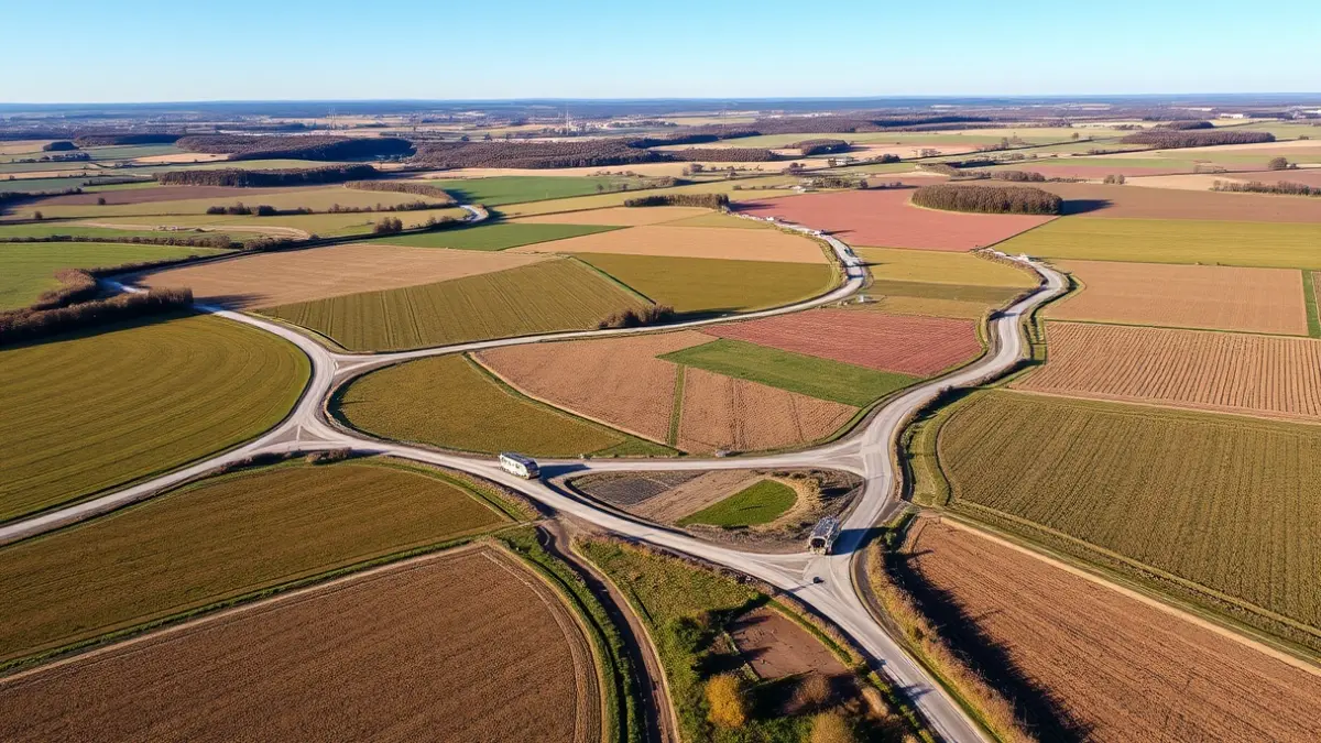 Imaxe aérea dunha paisaxe rural galega con camiños mellorados e leiras.