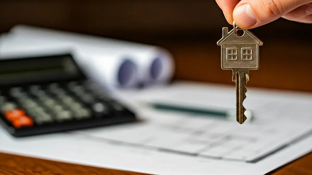 Imaxe xenérica dunha man sostendo unha chave de vivenda con planos de fondo.